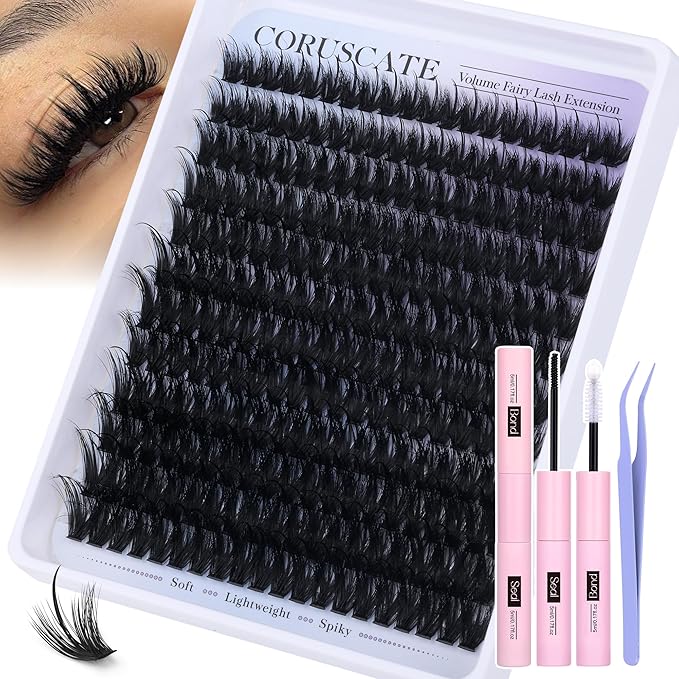 Lash Clusters Kit with Spikes Lashes Extension Kit Volume DIY Fairy Eyelashes Clusters 10-16mm Cluster Eyelash Extensions Thick Individual Lashes Spiky with Cluster Glue Lashes Kit by CORUSCATE