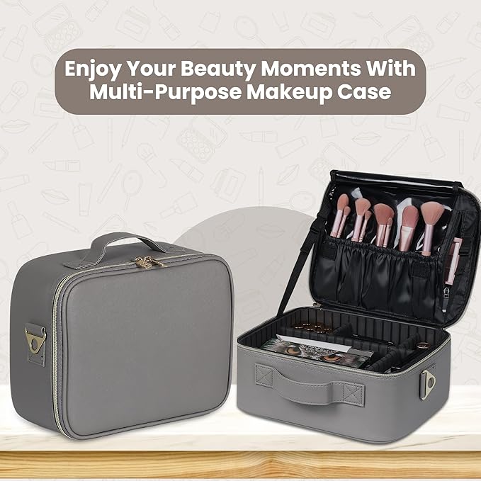 Makeup Travel Case, 12 Inch Makeup Organizer Bag with with Compartment and Dividers, Portable Cosmetic Bag with Brush Storage Sturdy Dual Zip Closure (Gray)