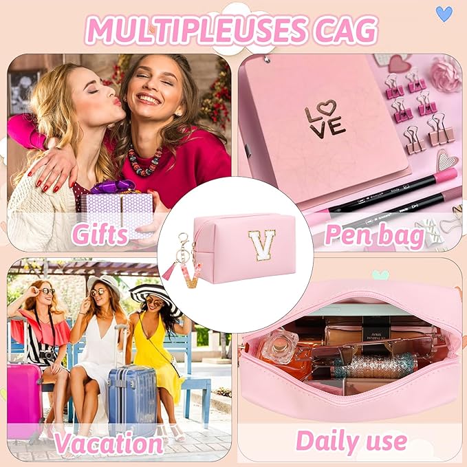 Birthday Gifts for Women Her,Travel Cute Makeup Bag,Large Capacity Cosmetic Bags for Women Makeup Pouch PU Leather Waterproof Cosmetic Bag (V, Pink)