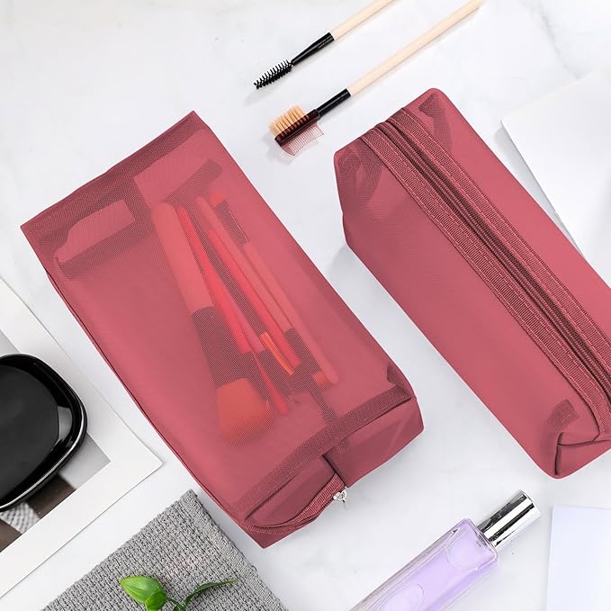 6 Pieces Mesh Makeup Bags Mesh Cosmetic Bag Portable Travel Organizing Zipper Pouch Toiletries Makeup Pouches for Home Office Travel Accessories (Wine Red)