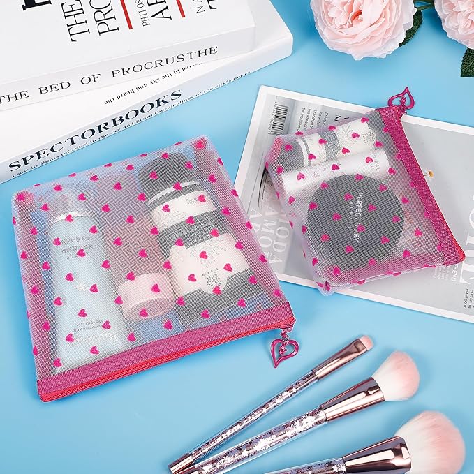 6 Pack Mini Zipper Mesh Makeup Bags, Heart Print Nylon Cosmetic Bags Toiletry Bags for Office Travel Organization (Widened-Hot Pink, XS)