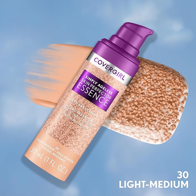 Covergirl Simply Ageless Skin Perfector Essence Foundation, 30 Light-Medium,Tinted Skincare Makeup Hybrid, Sheer Tint, Radiant Finish, Glowy Finish, Vegan Formula, 1.0oz