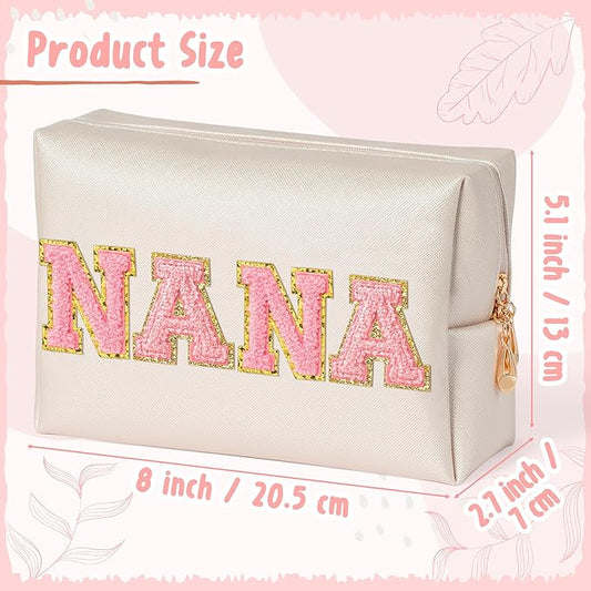 CY2SIDE NANA Letter Makeup Bag - Pink Nana Chenille Letter Patch Cosmetic Bag for Grandma Women Shell Gold PU Leather Patch Pouch Waterproof Portable Zipper Travel Organizer Gift for Mother's Day
