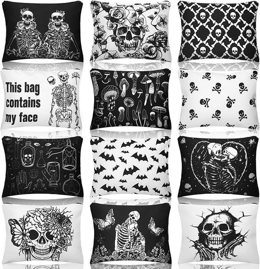 Kajaia 12 Pcs Gothic Skeleton Makeup Bags Cute Portable Travel Purse Toiletry Pocket Make up Organizer Storage Zipper Pouch Makeup Brush Cosmetic Bags for Women Adult Aesthetic Stuff