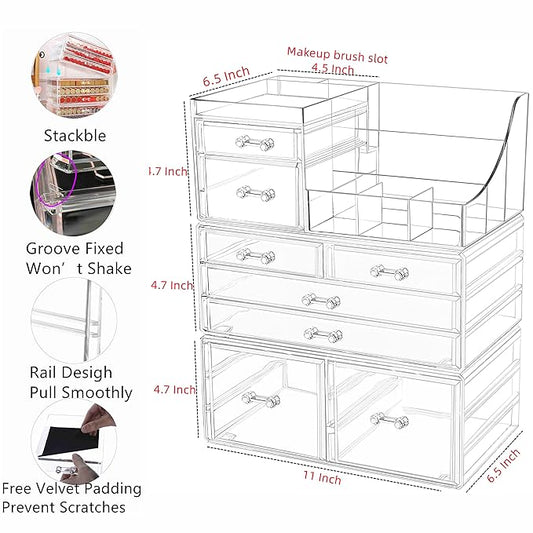 Cq acrylic Makeup Organizer Bathroom Organizers and Storage With 8 Drawers for Vanity Skincare Countertop Desk,Clear Cosmetic Display Case for Lipstick,Brush,Lotions,Eyeshadow,Nail Polish and Jewelry