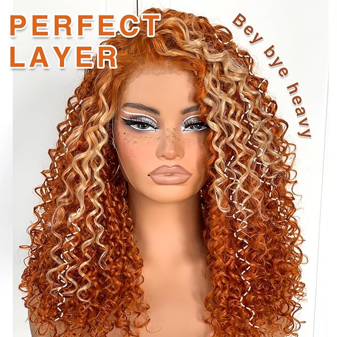 Ginger Curly Wig Skunk Strip HD Lace Front Wig Pre-Plucked Wear And Go Glueless Afro Wig Synthetic Orange Kinky Curly Layered Wig
