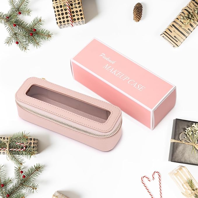 Makeup Brush Case Clear Travel Cosmetic & Toiletry Bag Slim Makeup Bag with Zipper Small Purse Organizer Car Essential Bag for Women (Pink, SLIM-3)