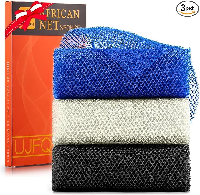 UJFQBH 3 Pieces African Bath Sponge African Net Long Net Bath Sponge Exfoliating Shower Body Scrubber Back Scrubber Skin Smoother,Great for Daily Use(Blue,Black,Off-White)