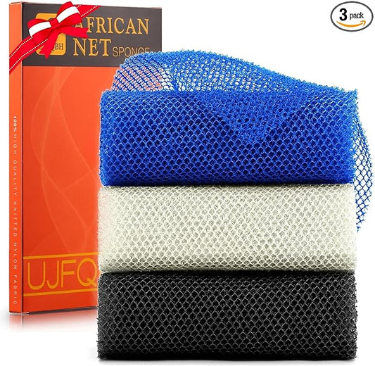 UJFQBH 3 Pieces African Bath Sponge African Net Long Net Bath Sponge Exfoliating Shower Body Scrubber Back Scrubber Skin Smoother,Great for Daily Use(Blue,Black,Off-White)