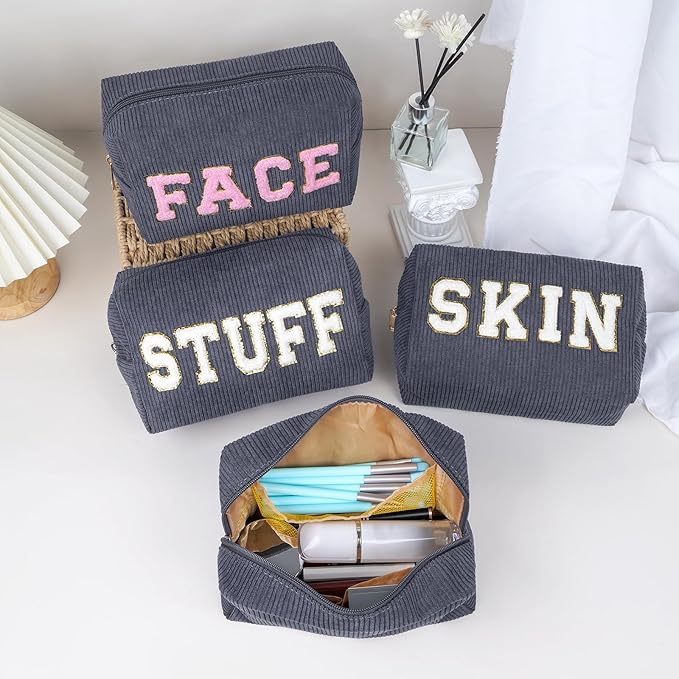 MAGEFY Small Makeup Bag for Purse Portable Makeup Pouch with Compartments Corduroy Make up Bag for Women Travel Cosmetic Essential (Dark Gray, FACE)