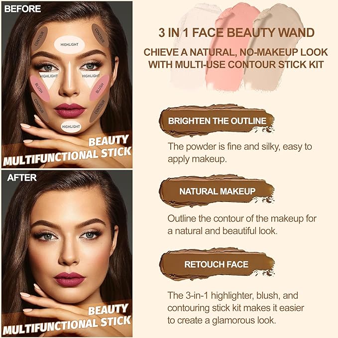 Lezero 3Pcs Cream Contour Stick Makeup Kit, Shades with Highlighter, Blush and Bronzer Trio for Sculpt the Cheeks and Body, Long Lasting, Waterproof, Matte & Dewy Finish,#1 FAIR (07,10,13)