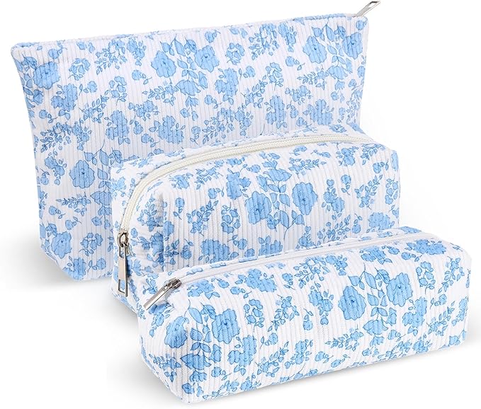 3 Pcs Makeup Bag Set for Women Corduroy Cosmetic Pouch Aesthetic Smile Travel Toiletry Bag Cute Purse Pouch Pencil Case Makeup Brushes Storage Organizer for Christmas(Blue, Flower)