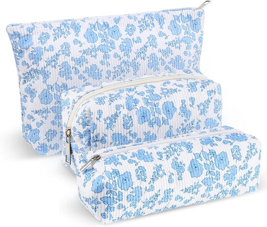 3 Pcs Makeup Bag Set for Women Corduroy Cosmetic Pouch Aesthetic Smile Travel Toiletry Bag Cute Purse Pouch Pencil Case Makeup Brushes Storage Organizer for Christmas(Blue, Flower)