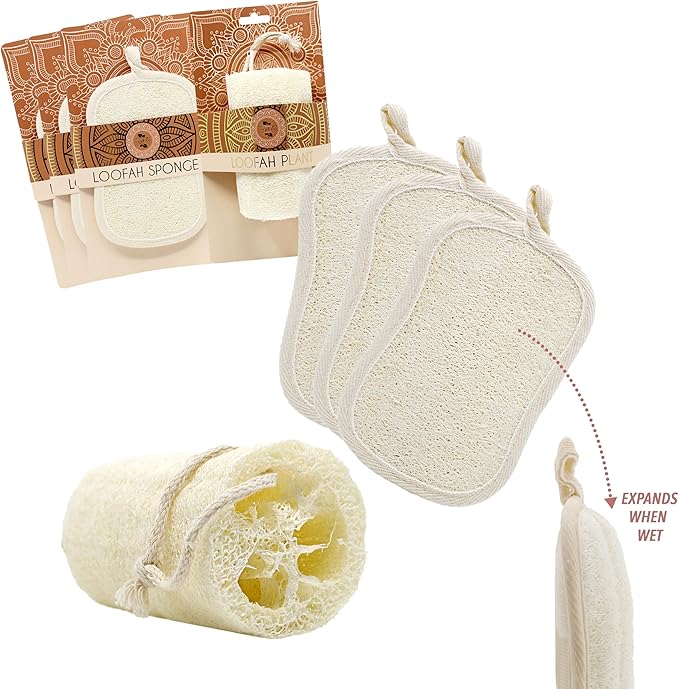 Earth & I Luxury Loofah Pack 4ct: 1 Natural Loofa Plant & 3 Dual-Sided Organic Loofah Pads - Bath & Shower exfoliator for Body & face, Body scrubbers, Travel loofah Bulk, lofas, luffa, loufa, lufas