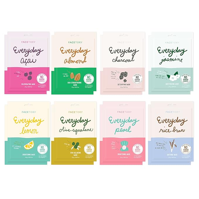 FACETORY K Beauty Face Mask Skin Care - EVERYDAY 8 COLLECTION Sheet Mask Set (16 pc) | Natural Premium Korean Face Mask For All Skin Types - No Sulfates No Parabens