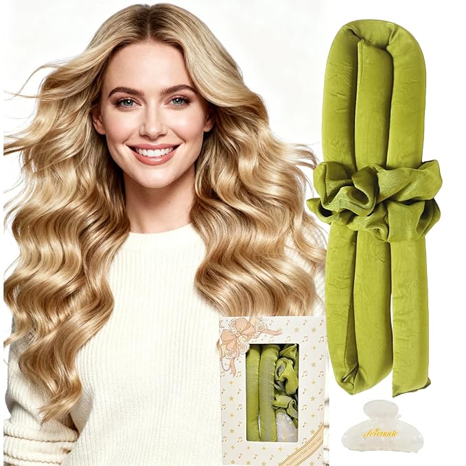 Serenade Textured Satin Heatless Curls Overnight, Heatless Hair Curler Curling Set for Women and Girls to Sleep in, with 2 Satin Scrunchies and 1 Clip for Overnight Curls, Green