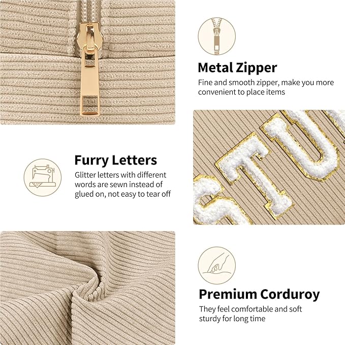 MAGEFY Corduroy Makeup Bag Small Makeup Bag for Purse with Compartments Cute Makeup Pouch Cosmetic Bag for Women Friends Preppy Gifts (Beige, STUFF)