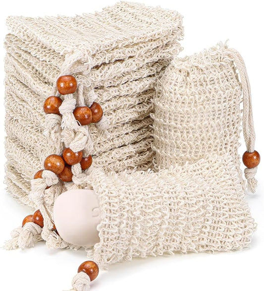 20 Pack Soap Exfoliating Bag, Natural Sisal Soap Saver Bag with Drawstring, Soap Saver Bag with Wooden Bead, Exfoliating Soap Bag for Shower