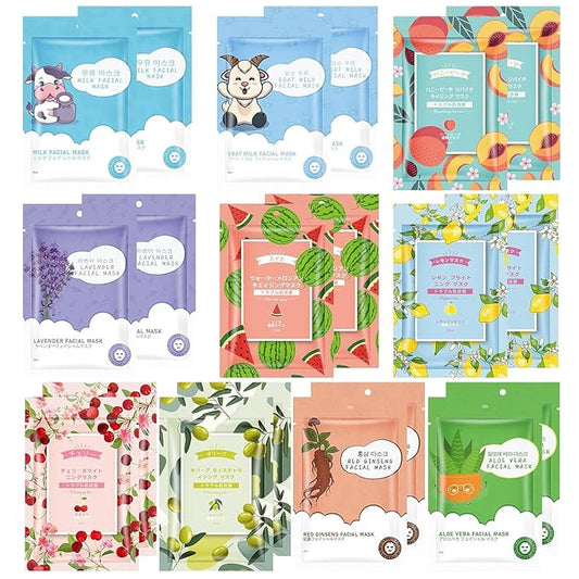 20 Sheets Face Masks Skincare for All Skin Types, Hydrating Facial Masks, Watermelon, Aloe Vera, Peach, Oil Contral Moisture Face sheet Masks for Sensitive Skin, Facial Mask for Women