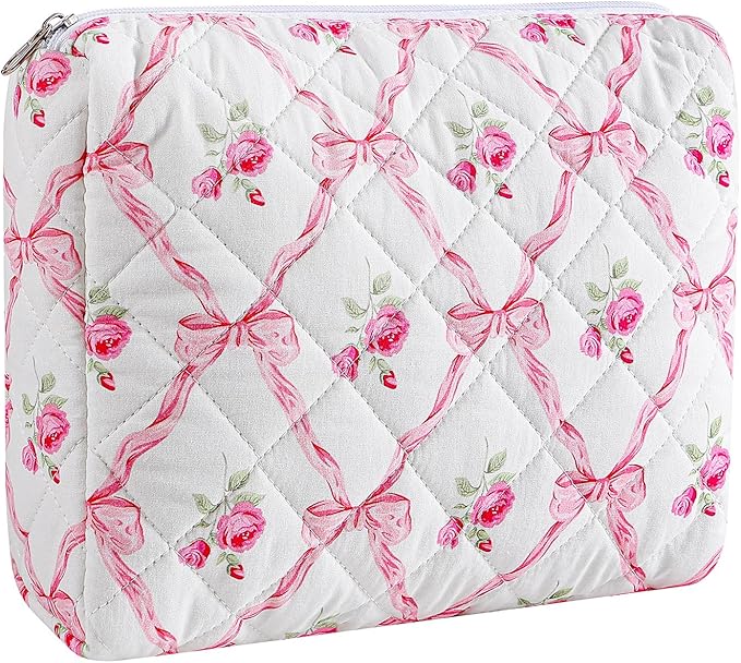 Makeup Bag Travel Cosmetic Bag for Women Girls, Zipper Make Up Pouch, Floral Flowers Toiletry Organizer Makeup, Portable Storage Cosmetic Travel Cloth Bag (L/Pink Bowknot)