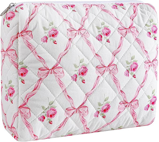 Makeup Bag Travel Cosmetic Bag for Women Girls, Zipper Make Up Pouch, Floral Flowers Toiletry Organizer Makeup, Portable Storage Cosmetic Travel Cloth Bag (L/Pink Bowknot)