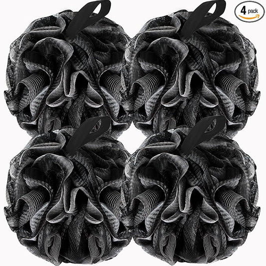 Bath Loofah Shower Sponge Body Back Scrubber Soft Mesh Shower Puffs Exfoliating Loofa for Women & Men Bath Accessories Cleaning Tool (4Pack 60G Black, Charcoal Black)