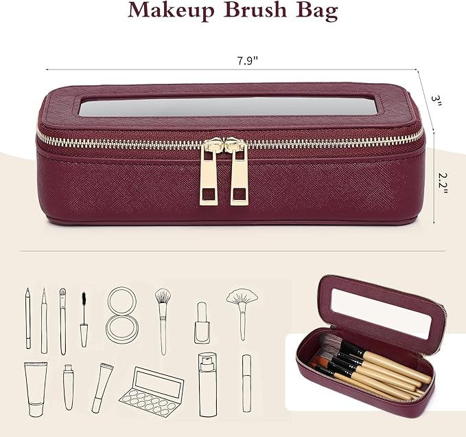 Makeup Brush Case Clear Travel Cosmetic & Toiletry Bag Small Makeup Bag with Zipper Purse Organizer Car Essential Bag for Women (X/Burgundy, SLIM)