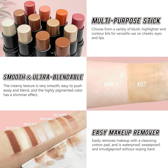 2 Pcs Cream Contour Stick Makeup Kit, Cream Highlighter Stick & Contour Bronzer Stick for Cheeks, Lightweight Blendable Smooth -Highlighter & Bronzer (#04 Light Rose Gold #07 Coffee)