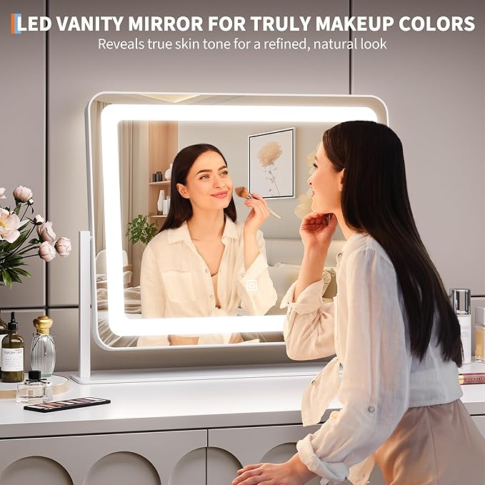 19.6"x15.7" Vanity Mirror with Lights, Large Lighted Mirror, LED Makeup Mirror with 3-Color Dimmable Modes and Smart Touch Control, Perfect for Desk or Bedroom, Vanity Desk Tabletop Makeup, White