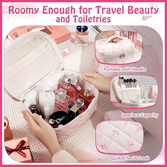 3 Piece Cute Bow Pink Quilted Makeup Bag Set, Large Capacity Travel Makeup Bags for Women and Girls, Includes Small, Medium, and Extra Large aesthetic makeup&Cosmetic Bags (3PCS-Pink SlimBow)