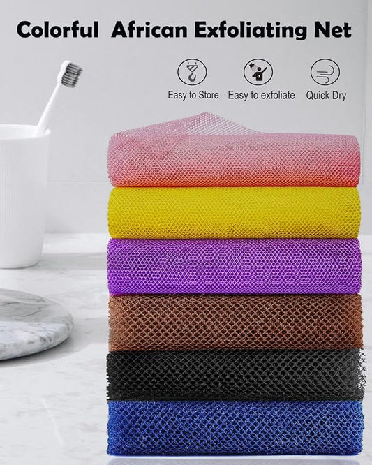 ROTOPATA 6 Pieces African Exfoliating Net Sponge, 33 inch Long Bathing Sponge Shower Body Scrubber Net for Back Skin Smoother, Daily Use (Black/Blue/Brown/Yellow/Pink/Purple)