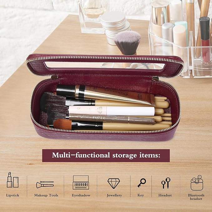 Makeup Brush Case Clear Travel Cosmetic & Toiletry Bag Small Makeup Bag with Zipper Purse Organizer Car Essential Bag for Women (X/Burgundy, SLIM)