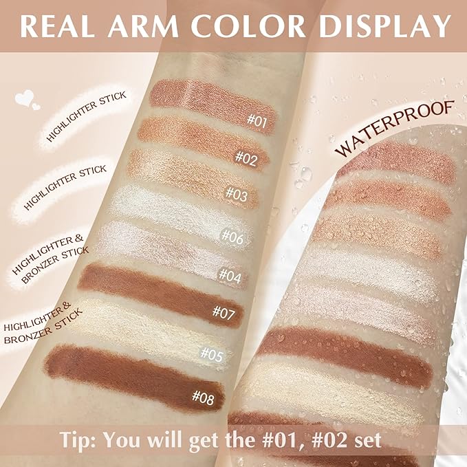 2Pcs Highlighter Stick Cream Contour Stick Makeup Kit, Shimmer Highlighter and Bronzer Stick Contour Wand, Water-proof Long Lasting Smooth Face Brightens & Shades Contouring Stick Illuminator