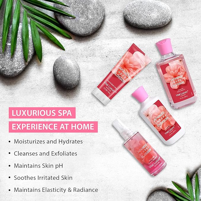 Bath and Body Care Gift Set for Women and Girls, Personal Self-Body Care Travel Set, Japanese Cherry Blossom Spa Home Set with Natural Extracts, 4 Pack - Shower Gel, Body Lotion, Body Mist, Hand Cream