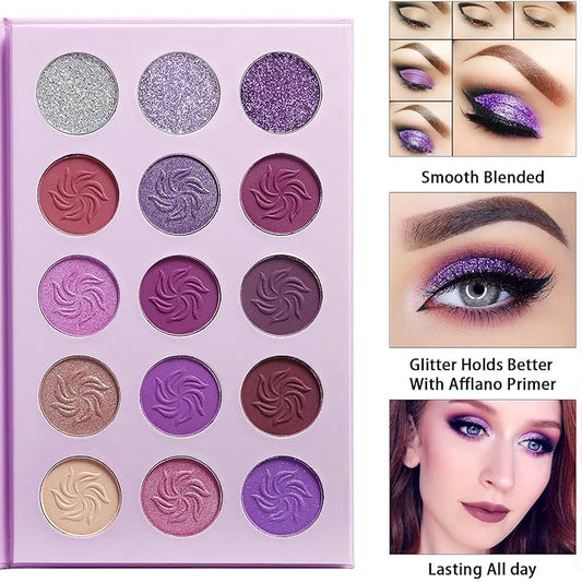 Afflano Purple Eyeshadow Palette Makeup Matte Glitter, Highly Pigmented Pink Eye Makeup Pallet, Dream Purple Pink Dark Red Violet Cute Bright Shimmer Travel Eyeshadow Pallet for Girl Women