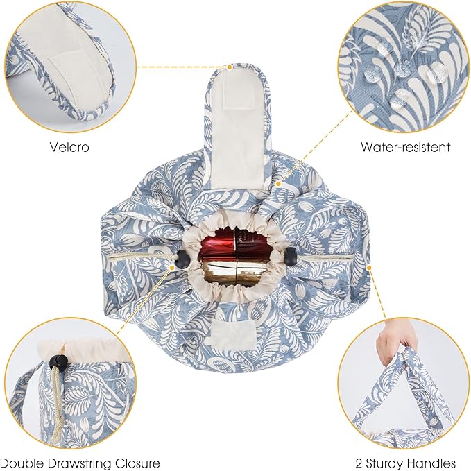 Barrel Drawstring Makeup Bag Large Cosmetic Bag Make up Bags Toiletry Organizer for Women (Blue Leaf) (Patent)