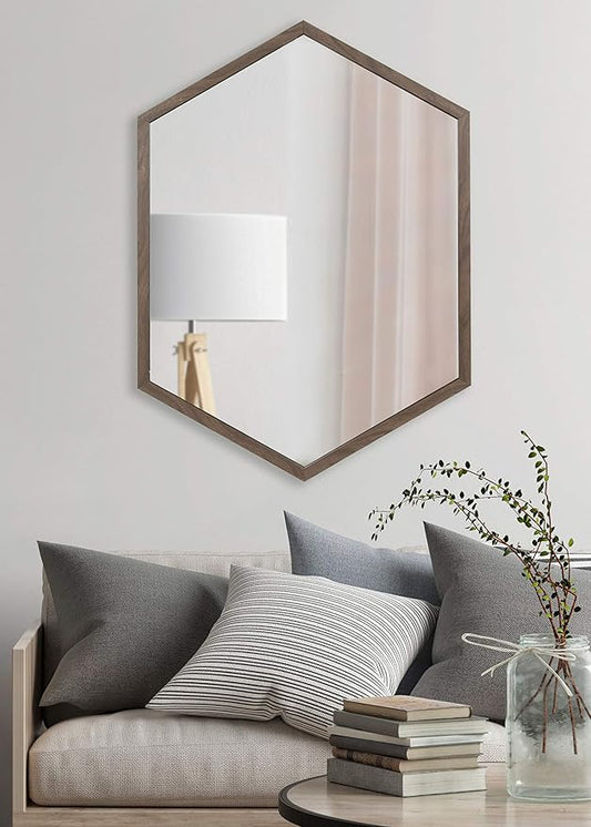 Kate and Laurel Laverty Modern Oblong Hexagon Mirror, 24 x 36, Walnut Brown, Geometric Wall Decor