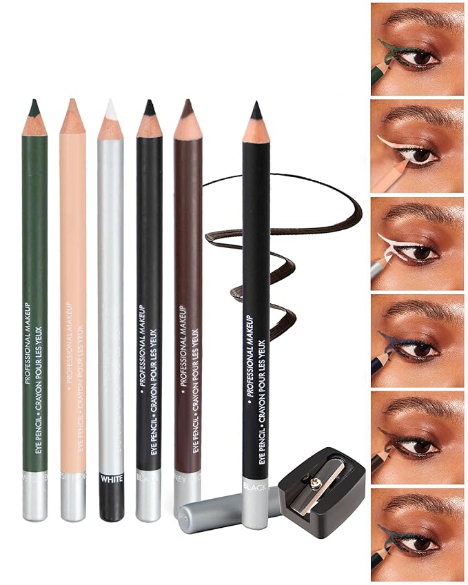 6 Colors Eyeliner Gel Pencil Set, Waterproof Smudge proof Long Lasting Rich Color, Nude Black Brown White Blue Green Eye Liner Pencil Waterline, Multi-Use Cream Eyeliner Brightener Pen with Sharpener