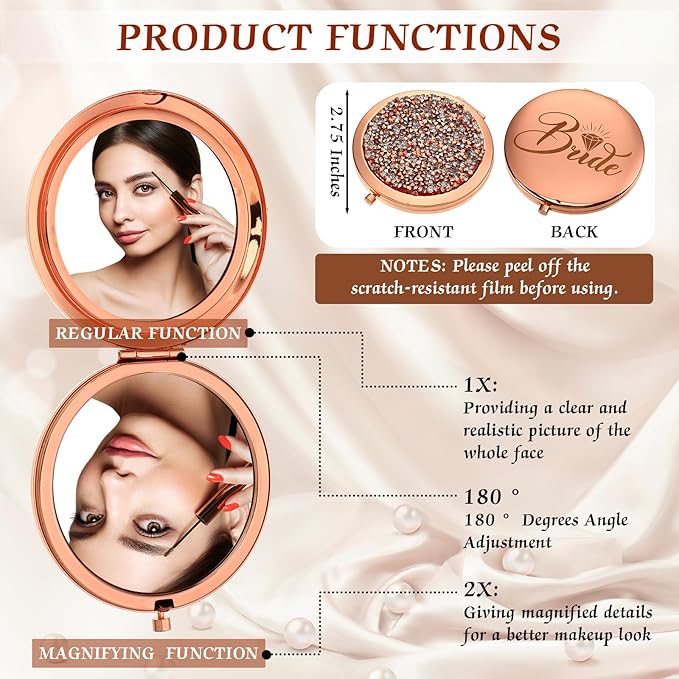 Barydat 10 Pieces Bridesmaid Gifts Set Magnifying Compact Mirror Bride I Do Crew Bridesmaid Proposal Gifts Travel Small Mirror for Purse Makeup Pocket Mirror for Women Wedding Party, Rose Gold