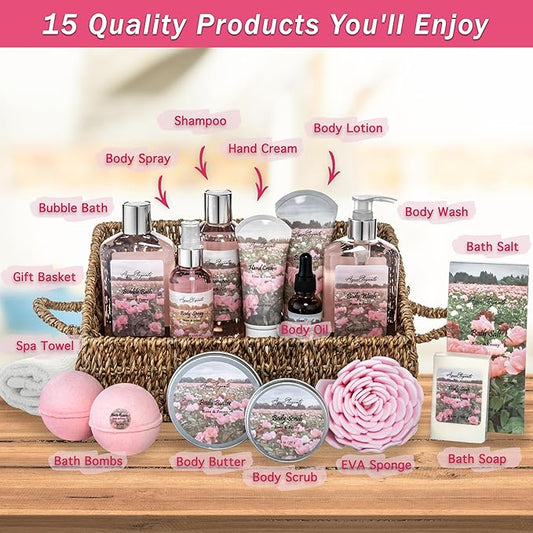 Bath Spa Gift Sets - Luxury Basket With Rose Oil & Peony - Spa Kit Includes Wash, Bubble Bath, Lotion, Bath Salts, Body Scrub, Body Spray, Shower Puff, Bathbombs, Soap and Towel