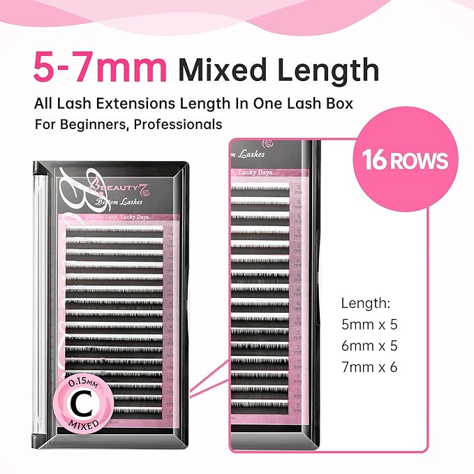 Beauty7 Mixed Under Lash Volume Individual False Eyelash Extension Tray Matte C Curl 0.15mm Thickness 5/6/7mm Length