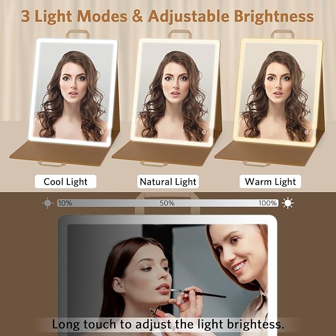 WEILY Portable Makeup Mirror with Lights, Touchable Three Colors Dimmable Lighted Makeup Mirror, 2000 mAh Type-C Rechargeable Vanity Mirror, Portable Hollywood Hanging Detachable Mirror (Khaki)