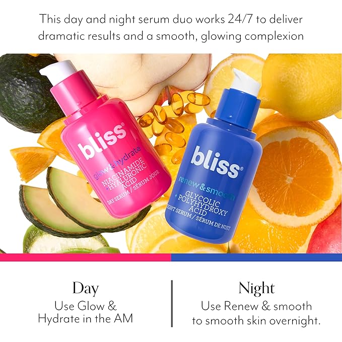 Bliss Renew & Smooth Glycolic Acid Night Serum | 8.5% AHA + PHA Complex for Texture, Glow & Radiance | Gentle Daily Exfoliating Treatment for Smoother, Brighter Skin | Vegan & Cruelty-Free | 1 fl oz