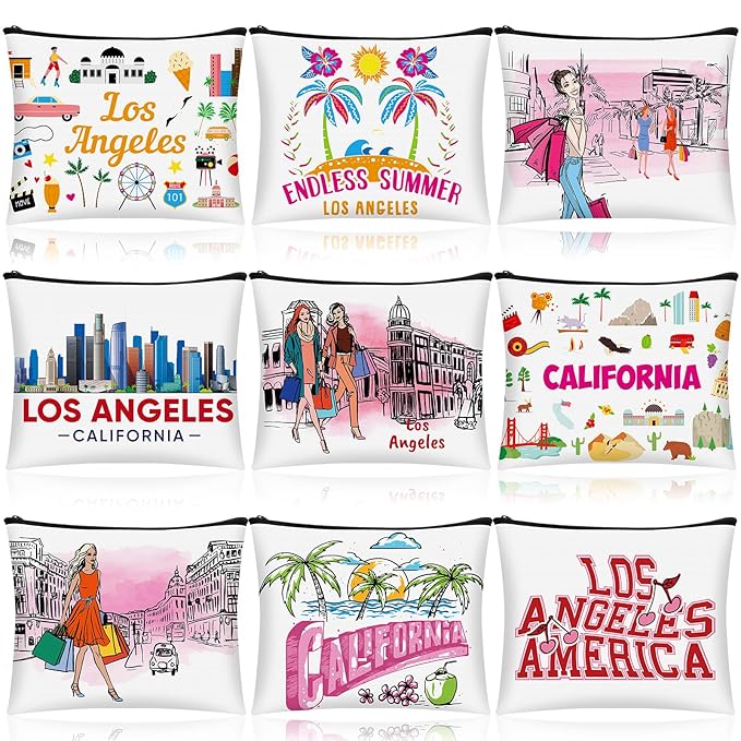 9 Pcs Los Angeles Cosmetic Bag New York Souvenir Zipper Pouch Los Angeles Souvenir Gifts Italy Paris Broadway Alaska Makeup Purse for Girls Women Traveler Birthday Christmas Party Favors