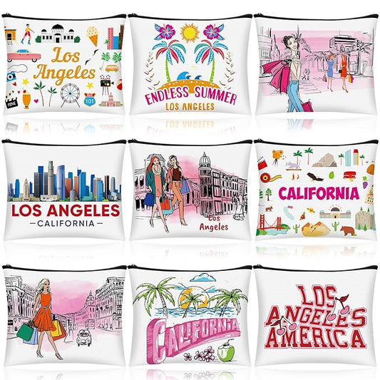 9 Pcs Los Angeles Cosmetic Bag New York Souvenir Zipper Pouch Los Angeles Souvenir Gifts Italy Paris Broadway Alaska Makeup Purse for Girls Women Traveler Birthday Christmas Party Favors