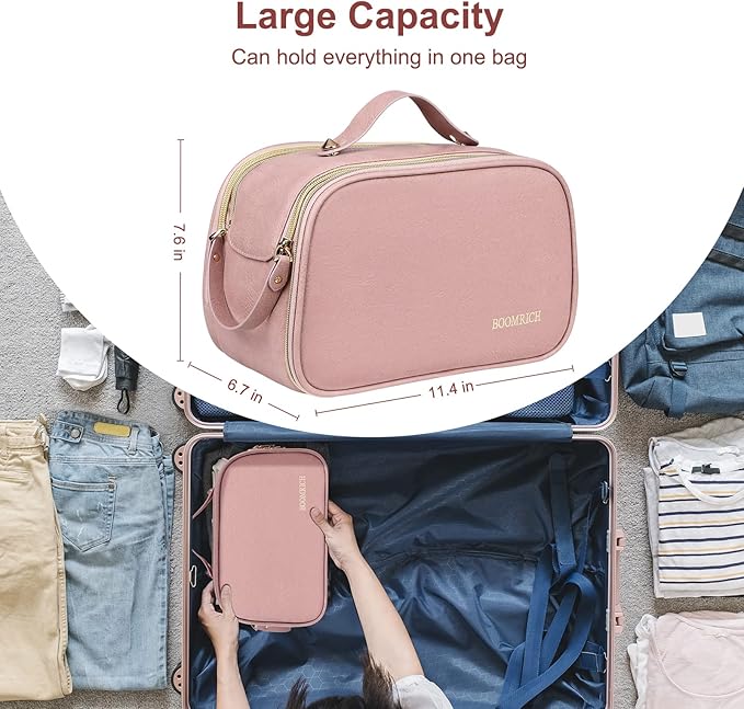 BOOMRICH Large Travel Makeup Bag, Cosmetic Bag, Toiletry Bag for Women, Water-Resistant Leather Toiletry Organizer, Dopp Kit for Toiletries Accessories, Pink
