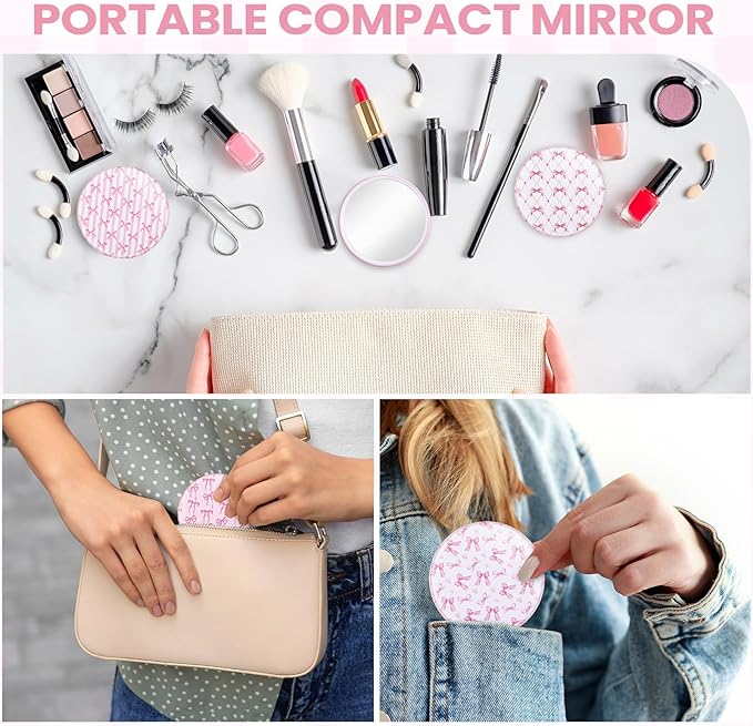 20 Pcs Pink Bow Coquette Compact Mirrors Bulk 2.76 Inch Round Portable Pocket Makeup Mirror Party Favors Gifts for Women Mother Bridal Shower Bachelorette Quinceanera Party Decor