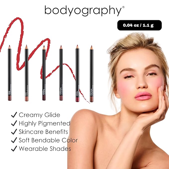 Bodyography Pouty Lip Pencil | Lip Liner Pencil with Coconut Oil, Vitamin E & C | Long-Lasting, Matte Liner for Definition & Color | Makeup Essential for Smooth Lip Contour