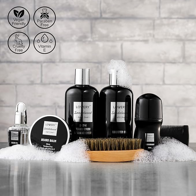 Christmas Gifts for Men, Mens Body And Wash Gift Set Beard Kit and Body Care, Unique Gifts for Dad Sandalwood Spa Gift Baskets, Bath and Beard Grooming Kit, Gifts for Husband Him Beard Balm Growth Oil