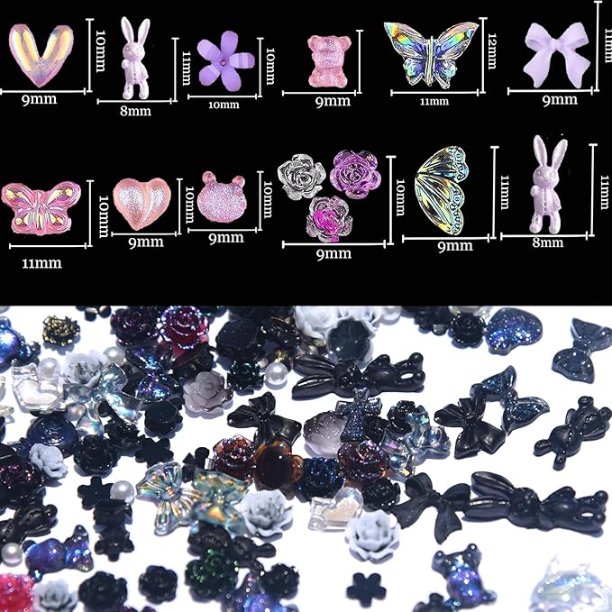 110 Pieces 3D Nail Charms for Acrylic Nails, Camellia Rose Flower Butterfly Bowknot Heart Bear Rabbit Star Charms for Nail Art Designs DIY Accessories Craft(Black)